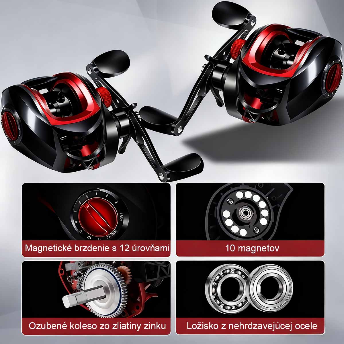 „Protiseková kovová čierno-červená baitcasting navijakov á sada s prútom – vhodná na ďaleké nahadzovanie, mostové chytanie a lov makrel.“