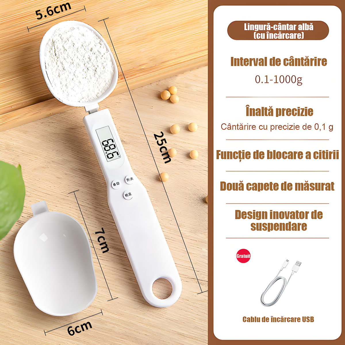 Cântar electronic de bucătărie tip lingură – 0,1 g precizie, ideal pentru prăjituri, pudră de lapte, cafea și ingrediente mici, portabil și ușor de utilizat.