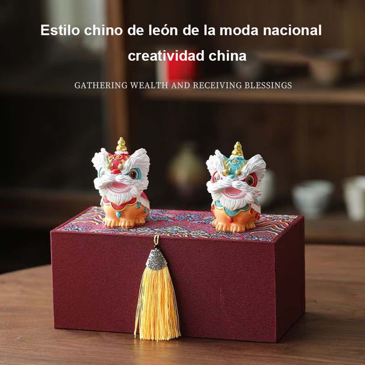 Adorno creativo de león danzante al estilo chino, una pieza decorativa de alta gama y diseño exclusivo para mesas y mesas de té.
