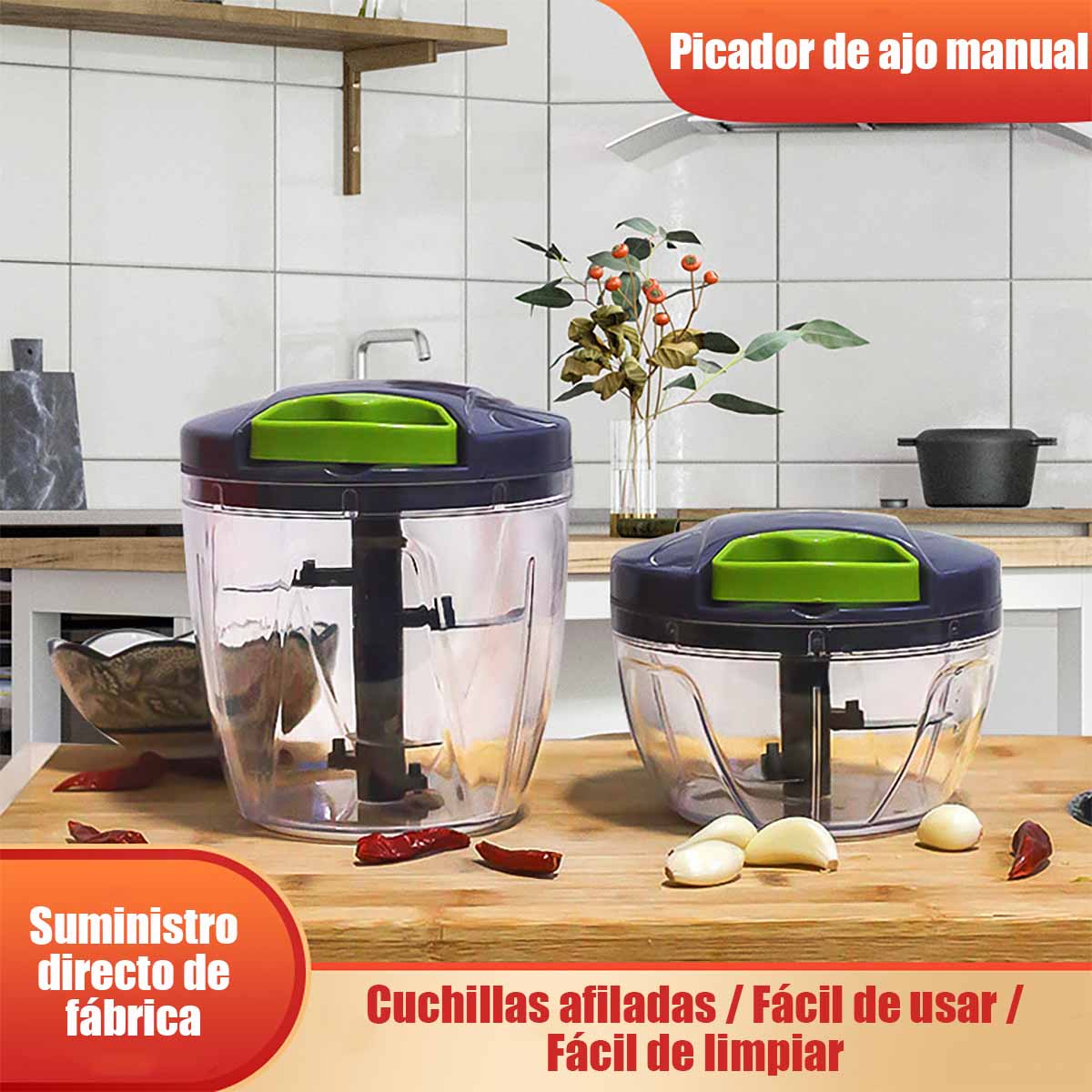 Picadora de ajo de acero inoxidable, manual y multifuncional para cocina doméstica, mini trituradora con cuerda para picar ajo y chile.