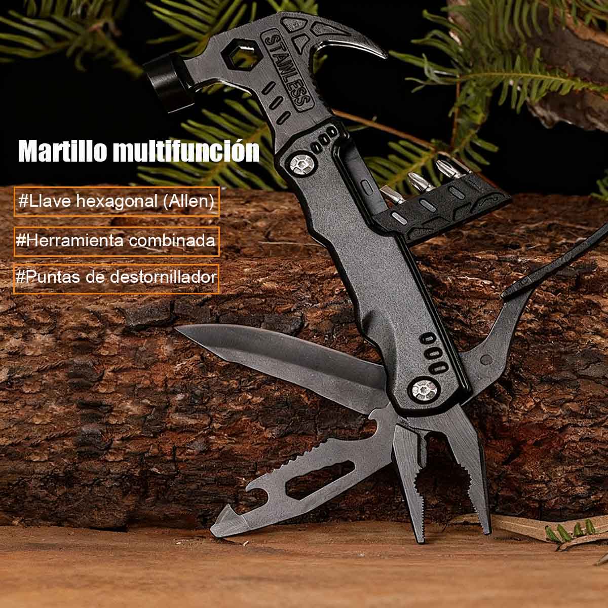 Martillo multifuncional portátil para exteriores, alicates de trabajo, martillo de uña de acero inoxidable negro, herramienta de carpintería, camping e instalación de emergencia.