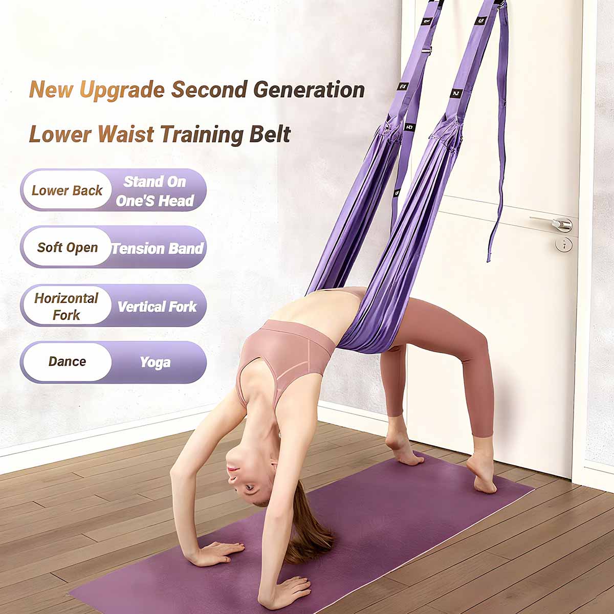 Cinturón de yoga aéreo con cuerdas de suspensión, hamaca auxiliar para abrir caderas, hacer splits, estirar piernas y espalda, flexiones e inversiones colgadas.