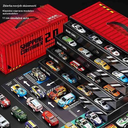 Detská darčeková sada kovových kontajnerových áut – realistické malé autíčka s pohonom na spätný ťah a mini parkoviskom, ideálne pre chlapcov.