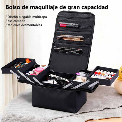 **Bolsa de maquillaje plegable de gran capacidad, maletín de maquillaje portátil y multifuncional, caja de almacenamiento de varias capas para herramientas de belleza y micropigmentación.**