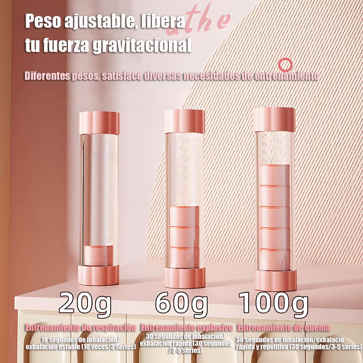 Entrenador de respiración para correr, fitness y fuerza; dispositivo de respiración tipo mancuerna para entrenamiento de respiración abdominal y capacidad pulmonar.