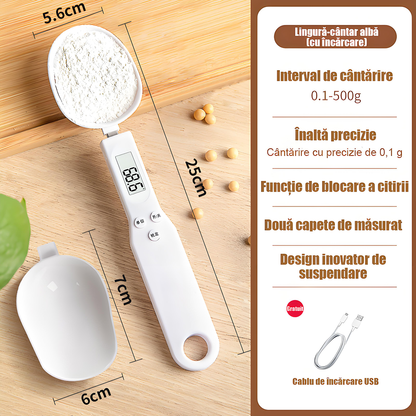 Cântar electronic de bucătărie tip lingură – 0,1 g precizie, ideal pentru prăjituri, pudră de lapte, cafea și ingrediente mici, portabil și ușor de utilizat.