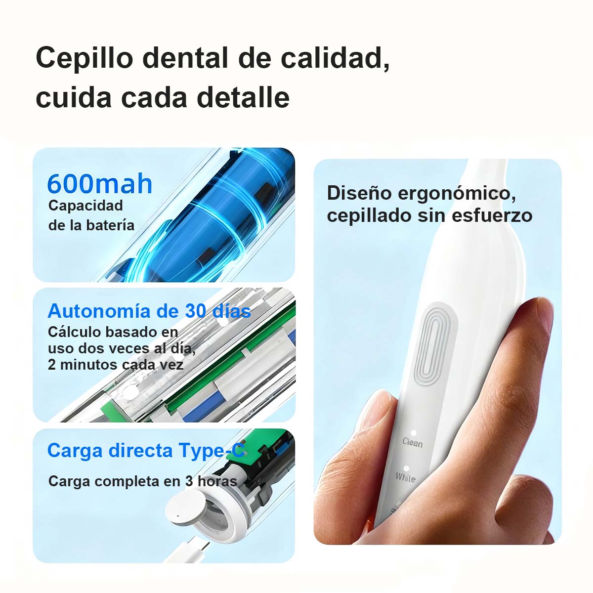 "Cepillo de dientes eléctrico rotatorio de tendencia, larga duración, estándar DuPont de limpieza, eje metálico, cabezal redondo."