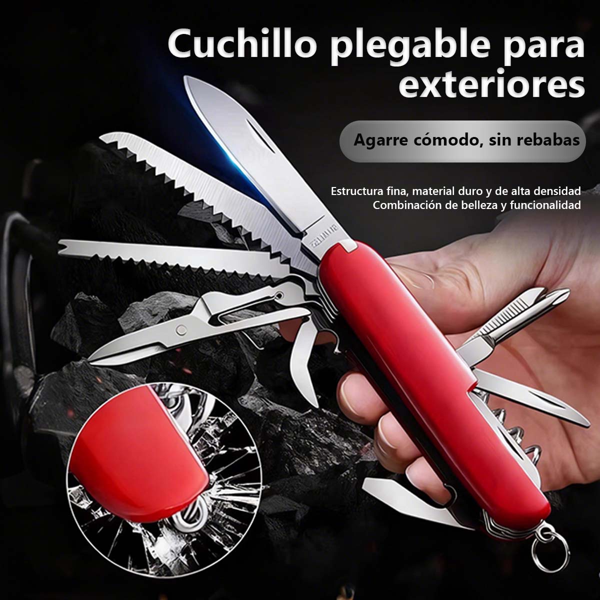 Multiherramienta plegable EDC de 17 funciones: cuchillo afilado, destornilladores, abrelatas y más. Ideal para camping, auto-defensa y viajes. ¡Stock disponible, tamaño bolsillo!