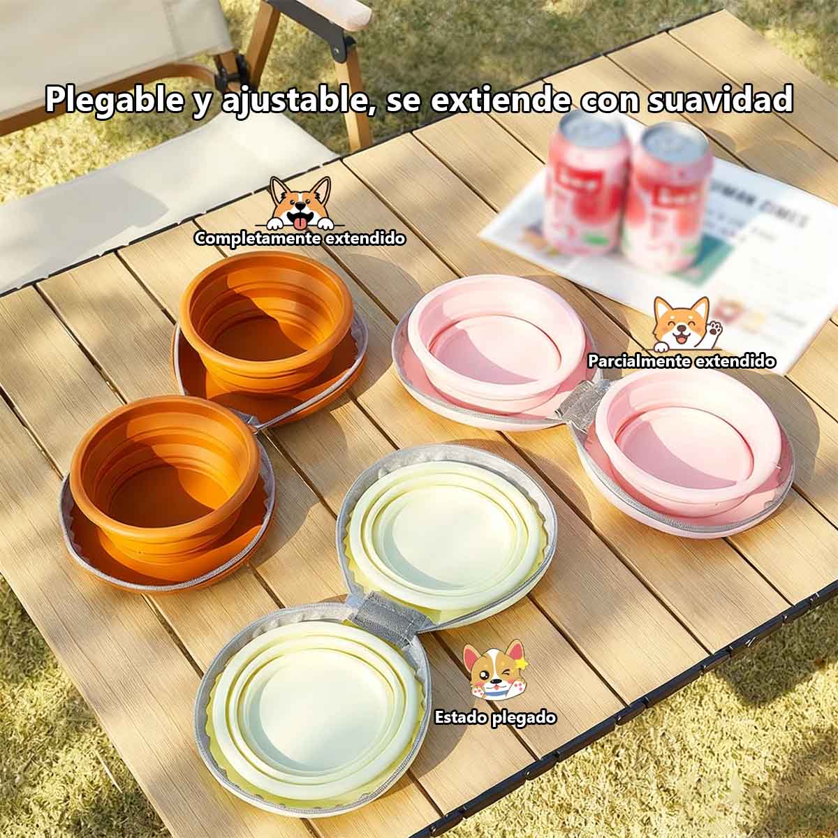 Bol plegable de silicona para mascotas, diseño de doble tazón, utensilios de alimentación ecológicos para perros y gatos en exteriores.