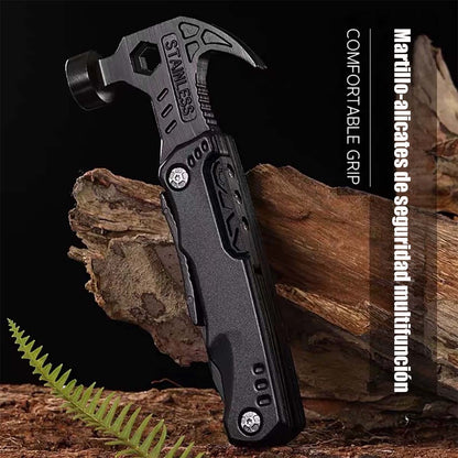 Martillo multifuncional portátil para exteriores, alicates de trabajo, martillo de uña de acero inoxidable negro, herramienta de carpintería, camping e instalación de emergencia.
