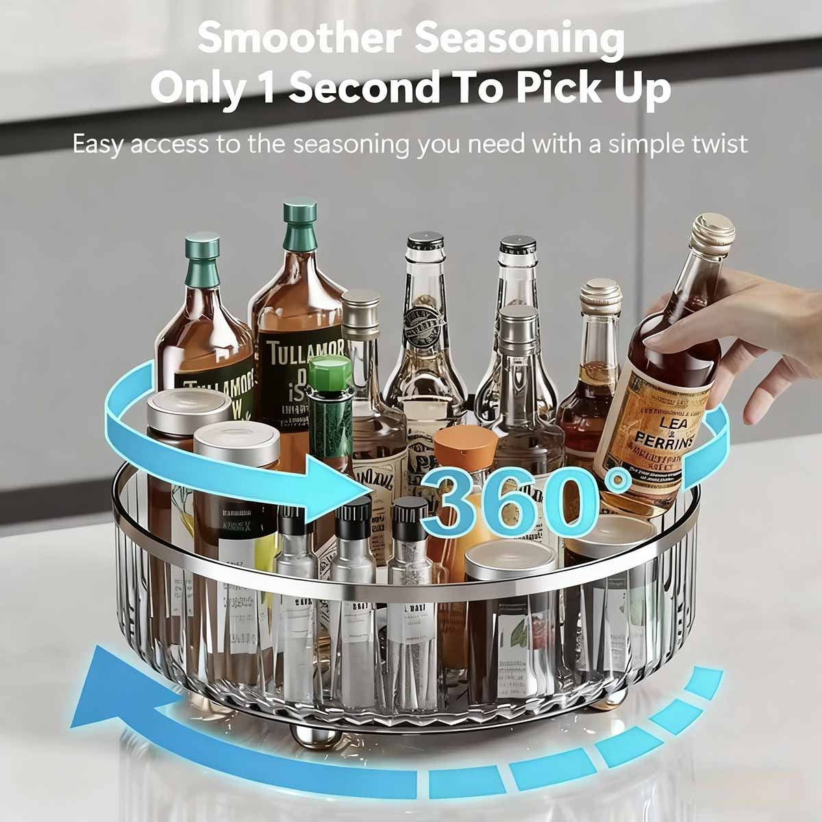 Elegante estante giratorio de almacenamiento, plato giratorio transparente para cocina, soporte de especias y salsas, organizador de almacenamiento para mesa de cocina y sala.