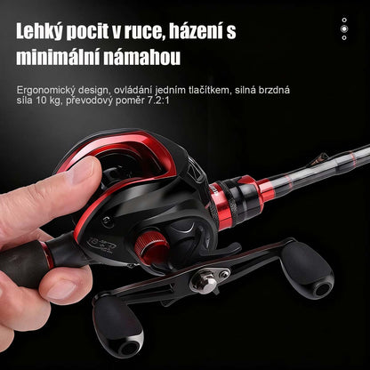 Bezpečnostní kovový černo-červený naviják s kapkovitou cívkou, set prutu na přívlač, daleké náhozy, naviják na lov z mostu a na člunu, speciálně pro lov parmy.