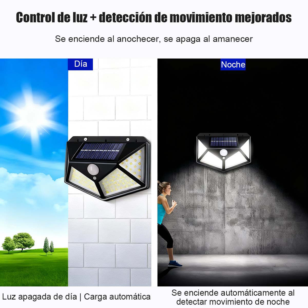 Lámpara de pared solar LED para exteriores, de cuatro caras iluminadas, con sensor de movimiento, ideal para jardines y patios.