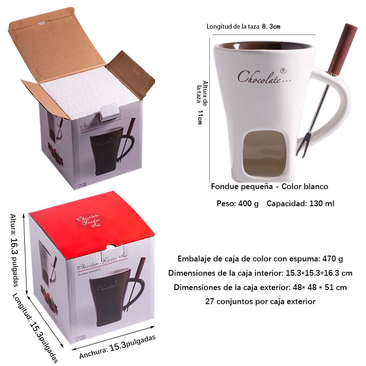 Taza de cerámica para chocolate, calentador de fondue, taza de fondue suizo para helado, taza de fondue de queso con tenedor incluido.