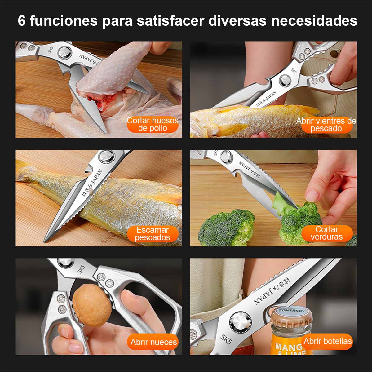 Tijeras de cocina SK5 para uso doméstico; tijeras multifuncionales de acero inoxidable, especiales para cortar huesos de pollo, limpiar pescado y preparar alimentos.