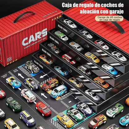 Colección de Coches de Hojalata Clásicos para Niños - Juguete Educativo con Parque de Estacionamiento y Camión Portacontenedores a Fricción
