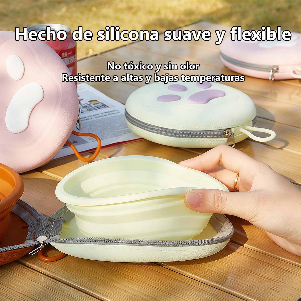 Bol plegable de silicona para mascotas, diseño de doble tazón, utensilios de alimentación ecológicos para perros y gatos en exteriores.