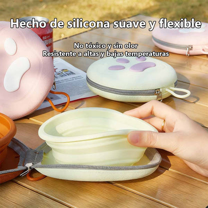 Bol plegable de silicona para mascotas, diseño de doble tazón, utensilios de alimentación ecológicos para perros y gatos en exteriores.