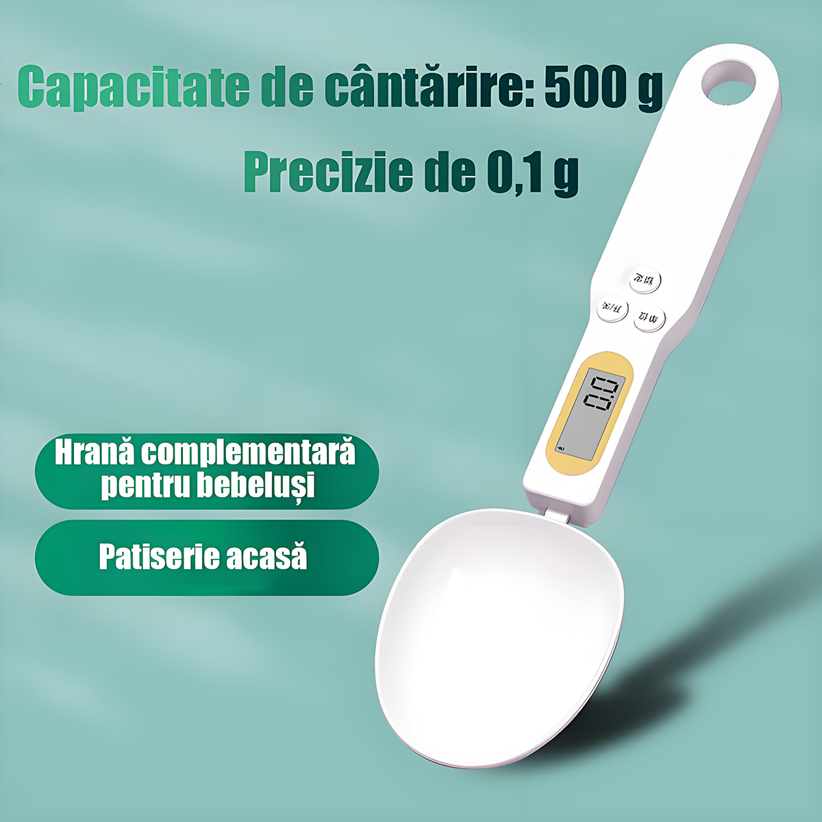 Cântar electronic de bucătărie tip lingură – 0,1 g precizie, ideal pentru prăjituri, pudră de lapte, cafea și ingrediente mici, portabil și ușor de utilizat.