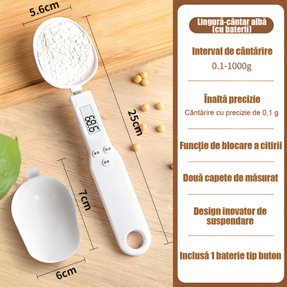 Cântar electronic de bucătărie tip lingură – 0,1 g precizie, ideal pentru prăjituri, pudră de lapte, cafea și ingrediente mici, portabil și ușor de utilizat.