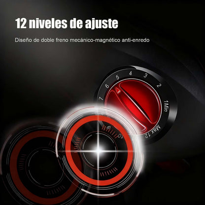 Conjunto de caña de pescar con carrete de metal negro y rojo, línea anti-explosión, para pesca de larga distancia, pesca en puente y embarcadero, carrete para pesca de percas.