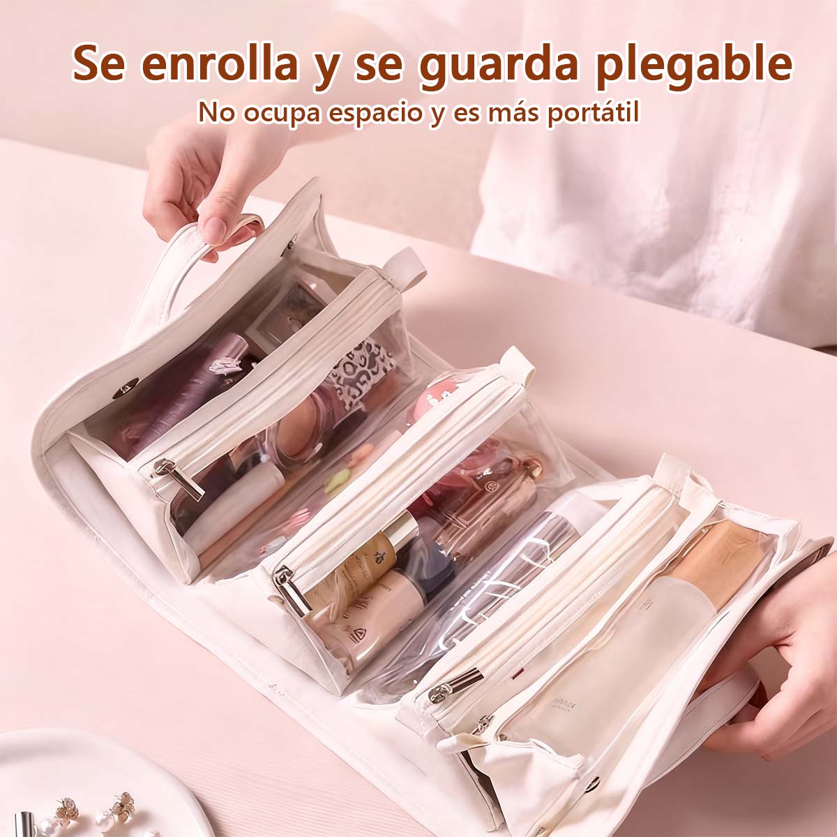 Bolso de maquillaje colgante y desmontable para personas perezosas; bolso de almacenamiento plegable y portátil de cremoso para viajes, que combina cuatro funciones en uno (maquillaje y aseo).