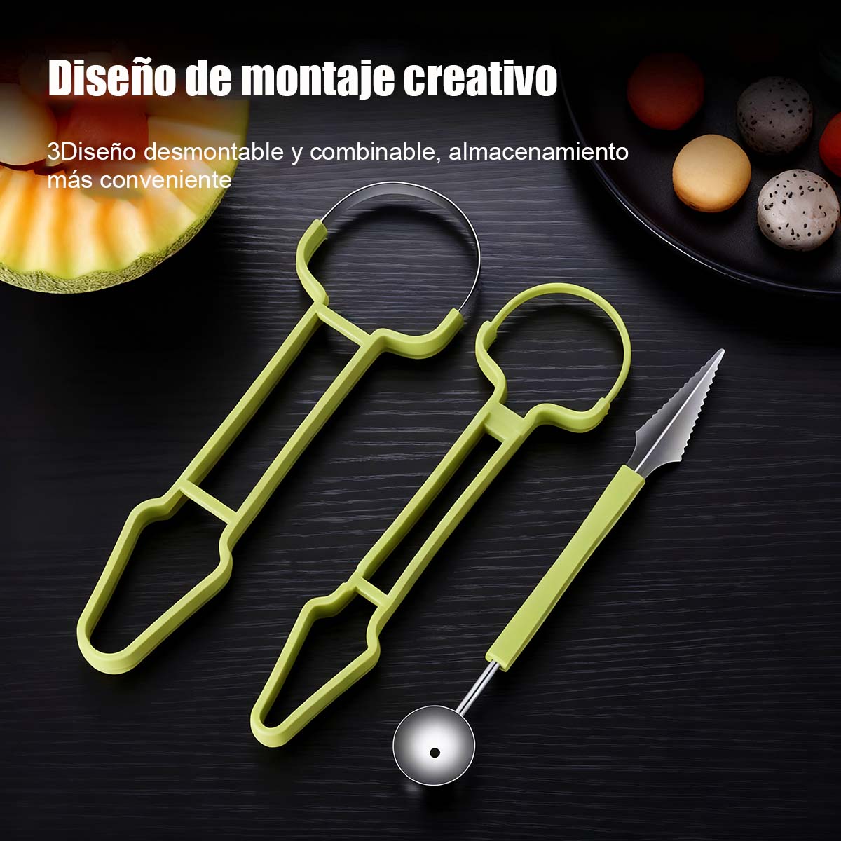 Cuchara multifuncional 3 en 1 para frutas, sacabolas de sandía, cuchillo para tallar frutas y herramienta para vaciar frutas – Juego de utensilios para frutas.