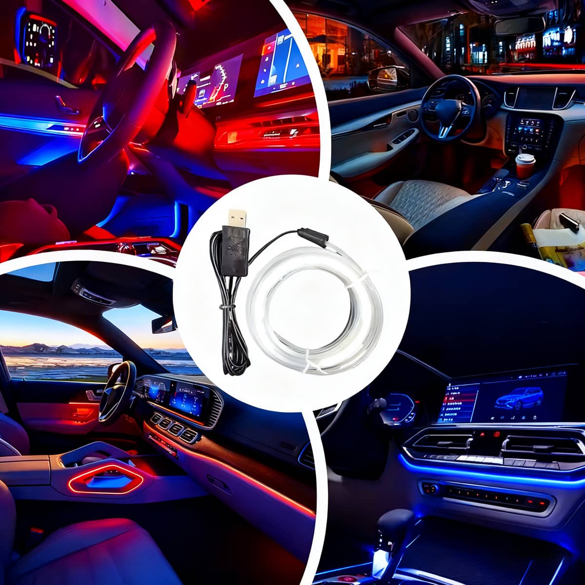 Lumini ambientale auto multicolore, cu fir rece, USB, controlate vocal, fără cablare, bandă decorativă wireless pentru iluminare atmosferică în mașină