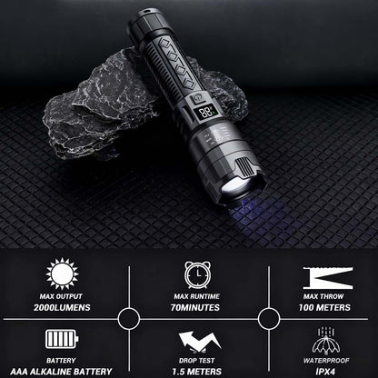 “Linterna de alta potencia recargable, portátil, de larga duración, para exteriores, de alcance lejano, resistente al agua, multifuncional y súper brillante para uso doméstico.”