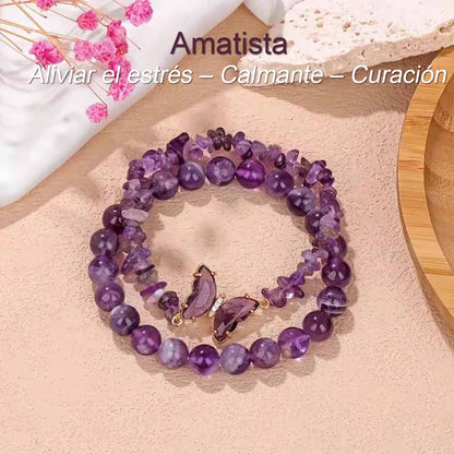 Pulsera de cristales de amatista morada natural de doble capa, para mujeres, de alto nivel, con diseño apilable y cuentas entrelazadas.