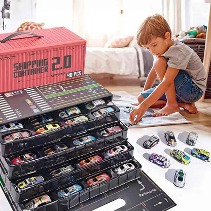 Detská darčeková sada kovových kontajnerových áut – realistické malé autíčka s pohonom na spätný ťah a mini parkoviskom, ideálne pre chlapcov.