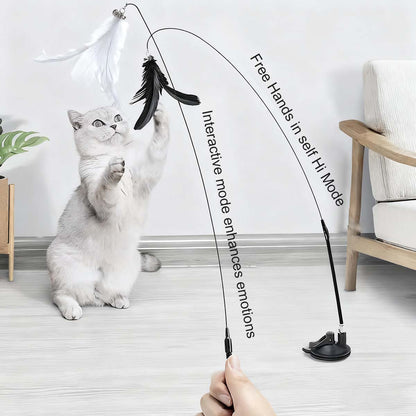 Juguete para gatos con ventosa de succión fuerte, varita de plumas de vara larga para juego autónomo, resistente al mordisco y antiedad para gatos.