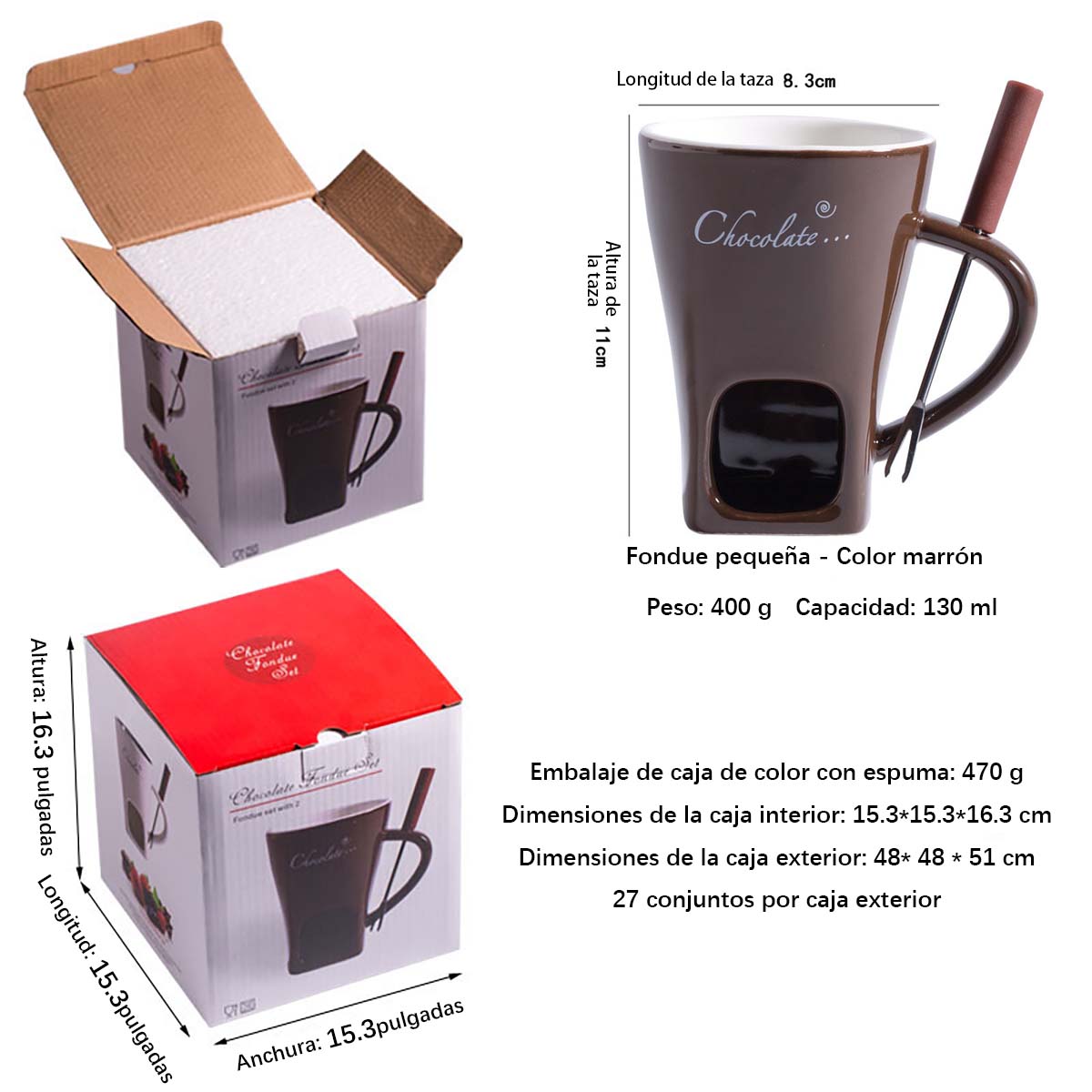 Taza de cerámica para chocolate, calentador de fondue, taza de fondue suizo para helado, taza de fondue de queso con tenedor incluido.
