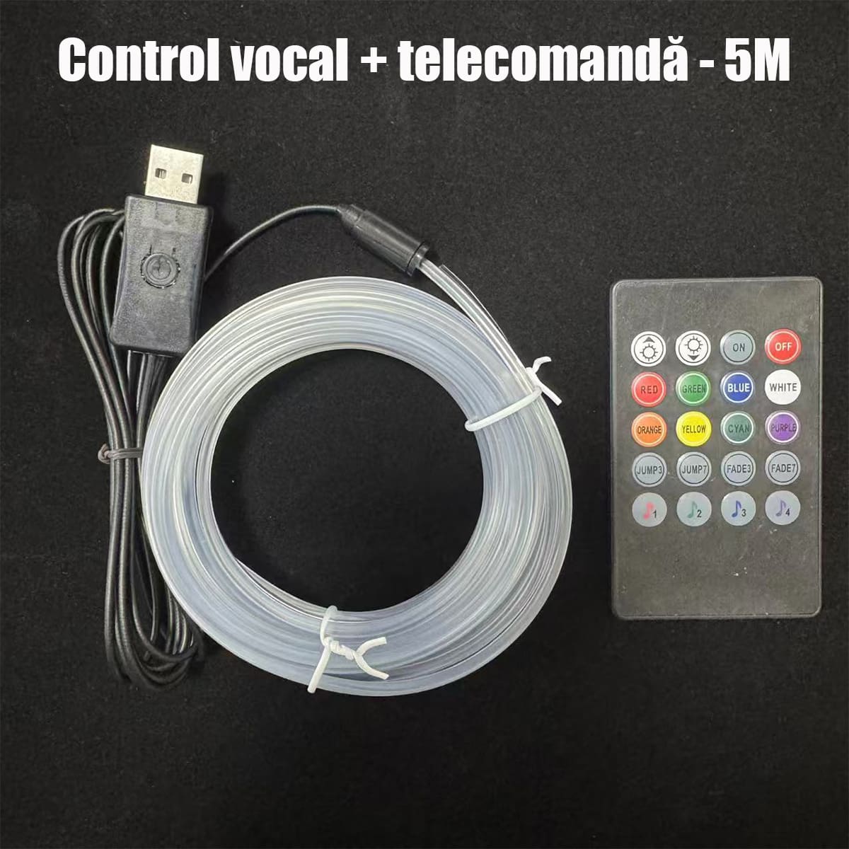 Lumini ambientale auto multicolore, cu fir rece, USB, controlate vocal, fără cablare, bandă decorativă wireless pentru iluminare atmosferică în mașină