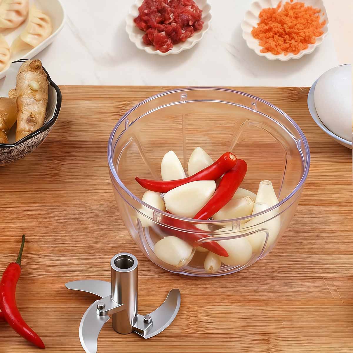 Picadora de ajo de acero inoxidable, manual y multifuncional para cocina doméstica, mini trituradora con cuerda para picar ajo y chile.