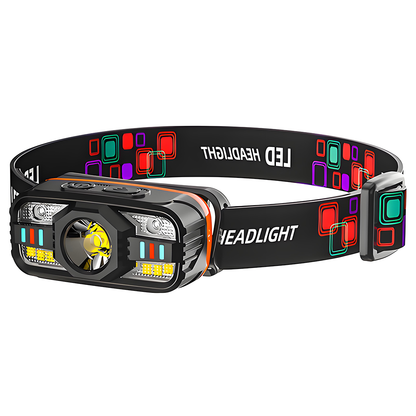 Lampă frontală inteligentă cu senzor, multifuncțională, cu multiple surse de lumină, reîncărcabilă, pentru exterior.