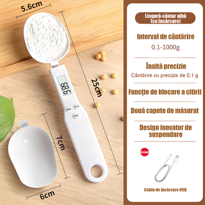 Cântar electronic de bucătărie tip lingură – 0,1 g precizie, ideal pentru prăjituri, pudră de lapte, cafea și ingrediente mici, portabil și ușor de utilizat.