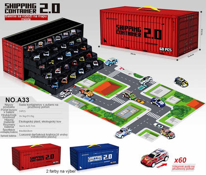 Detská darčeková sada kovových kontajnerových áut – realistické malé autíčka s pohonom na spätný ťah a mini parkoviskom, ideálne pre chlapcov.