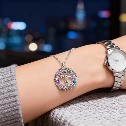 "Collar de cristal del árbol de la vida, colgante de cristal con anillo circular de colores incrustado en aleación."