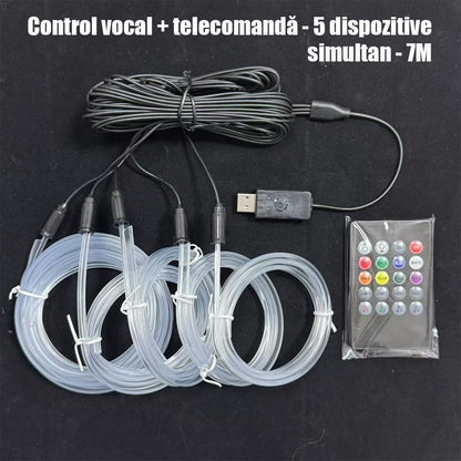 Lumini ambientale auto multicolore, cu fir rece, USB, controlate vocal, fără cablare, bandă decorativă wireless pentru iluminare atmosferică în mașină