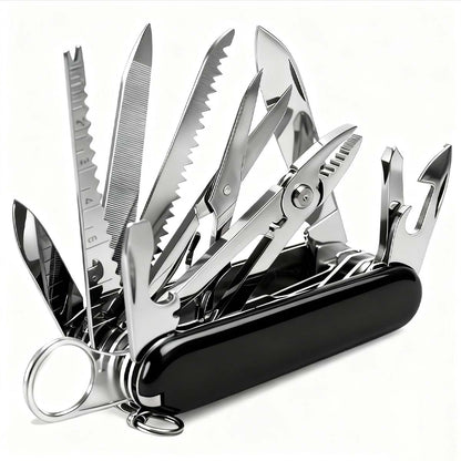 Multiherramienta plegable EDC de 17 funciones: cuchillo afilado, destornilladores, abrelatas y más. Ideal para camping, auto-defensa y viajes. ¡Stock disponible, tamaño bolsillo!