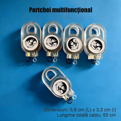 Cheie retractabilă multifuncțională pentru exterior, cu revenire controlată și fixare rapidă, previne pierderea și se atașează instant la rucsac sau încheietură.
