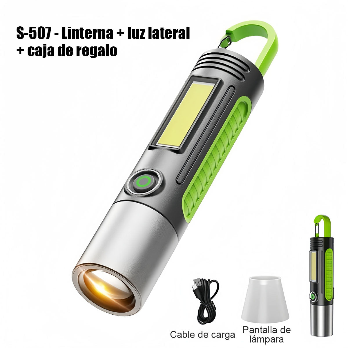 “Linterna de alta potencia recargable, portátil, de larga duración, para exteriores, de alcance lejano, resistente al agua, multifuncional y súper brillante para uso doméstico.”