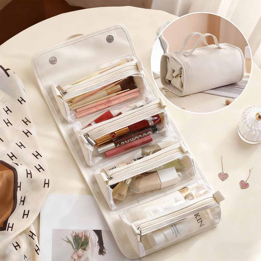 Bolso de maquillaje colgante y desmontable para personas perezosas; bolso de almacenamiento plegable y portátil de cremoso para viajes, que combina cuatro funciones en uno (maquillaje y aseo).