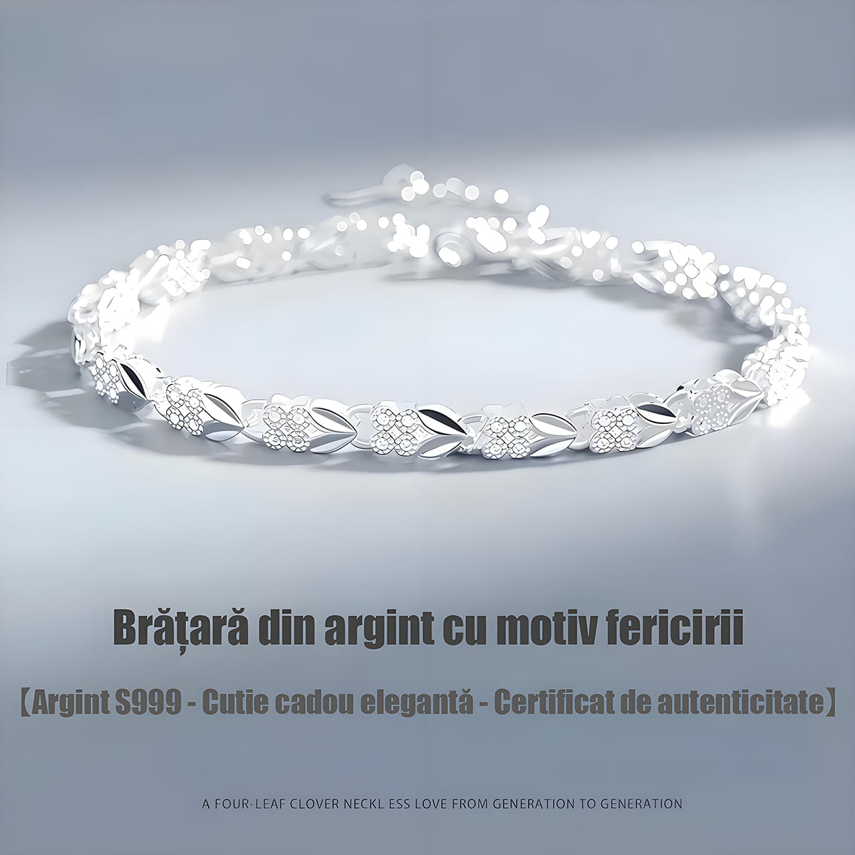 Brățară din argint pur, design exclusiv trifoi și inimioară, bijuterie modernă și delicată.