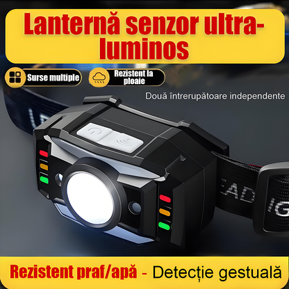 Lampă frontală inteligentă cu senzor, multifuncțională, cu multiple surse de lumină, reîncărcabilă, pentru exterior.