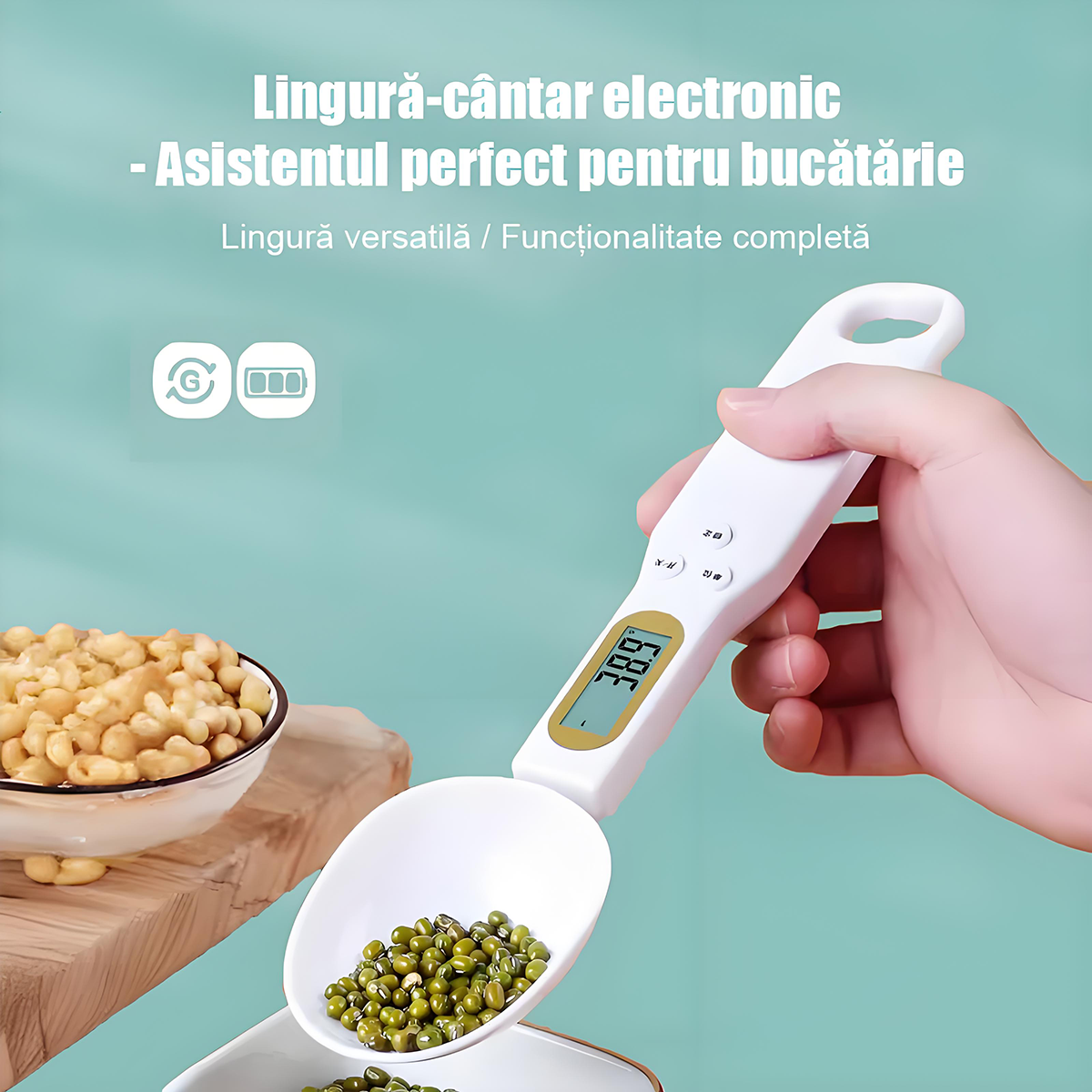 Cântar electronic de bucătărie tip lingură – 0,1 g precizie, ideal pentru prăjituri, pudră de lapte, cafea și ingrediente mici, portabil și ușor de utilizat.
