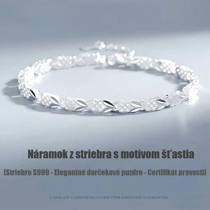 Strieborný náramok s originálnym dizajnom, štvorlístkom a srdiečkom – moderný a štýlový doplnok