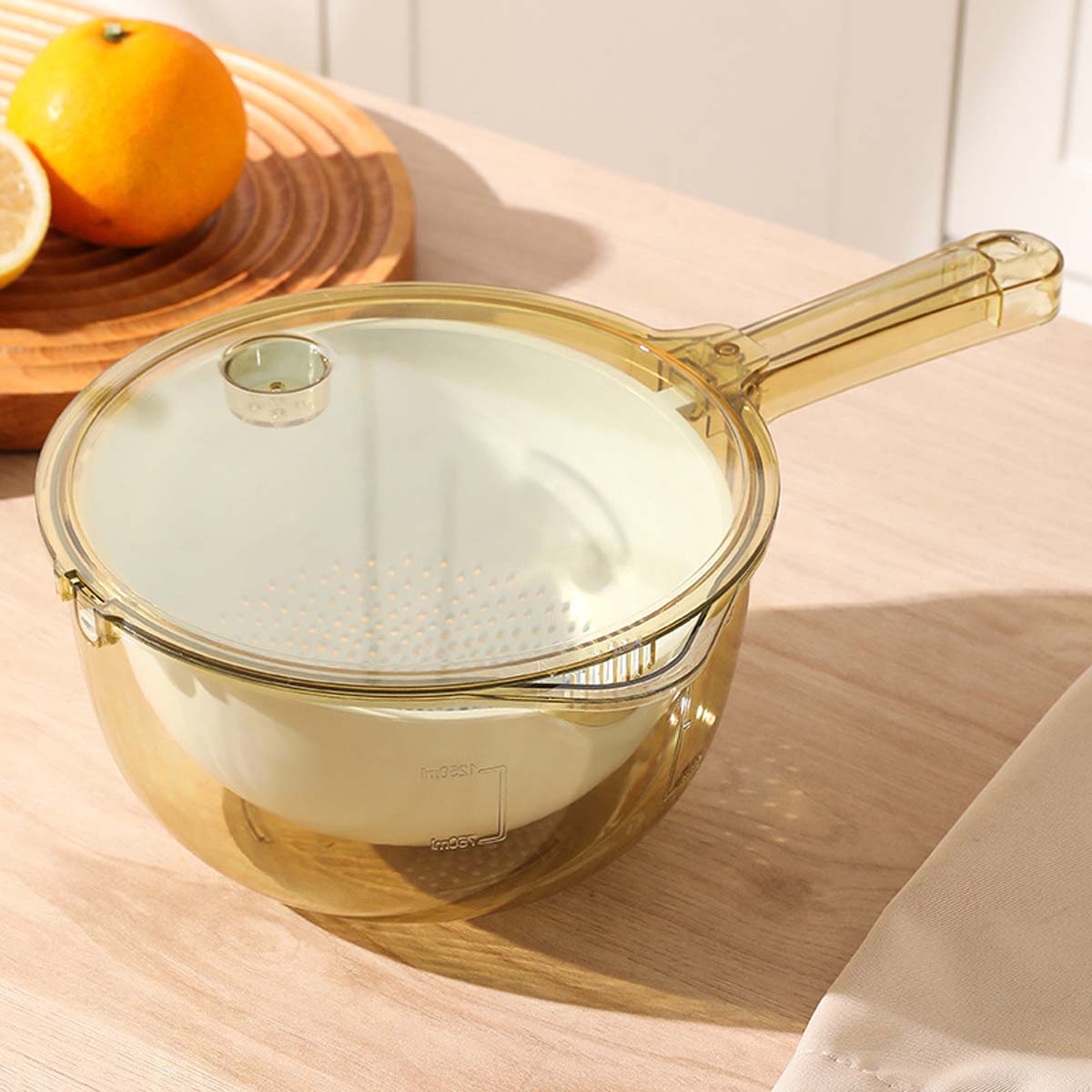 Nuevo colador multifuncional de cocina Taomi: lava arroz y verduras sin ensuciar las manos, mango ergonómico, cesta para escurrir frutas y vegetales.